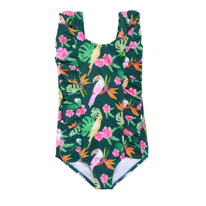 Girls one-piece swimsuit in the Isla Botánica tropical birds print featuring a scoop neckline and sweet ruffle details on the front.