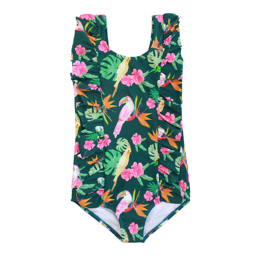 Girls one-piece swimsuit in the Isla Botánica tropical birds print featuring a scoop neckline and sweet ruffle details on the front.