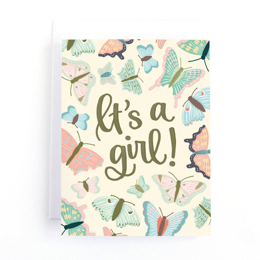 new baby greeting card that says its a girl and has butterflies all over the front