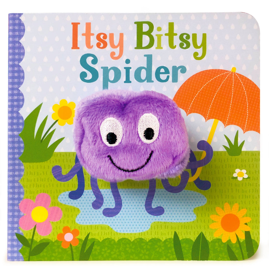 Purple spider puppet on a board book in a multi-colored rain scene