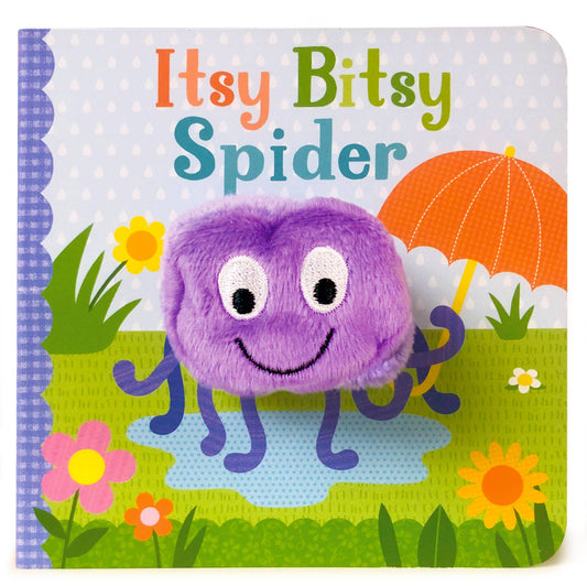 Purple spider puppet on a board book in a multi-colored rain scene