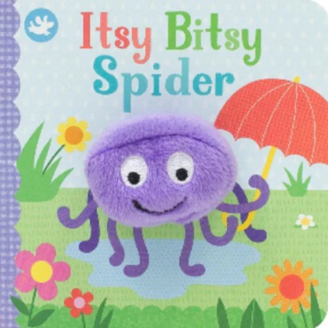 Purple spider puppet on a board book in a multi-colored rain scene