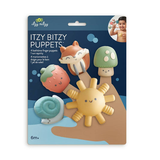 forest themed bath time finger puppets that are multi colored and on blue packaging