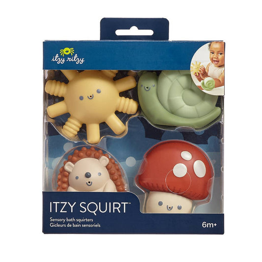 4 bath squirt toys with a sunshine, snail, hedgehog, and mushroom