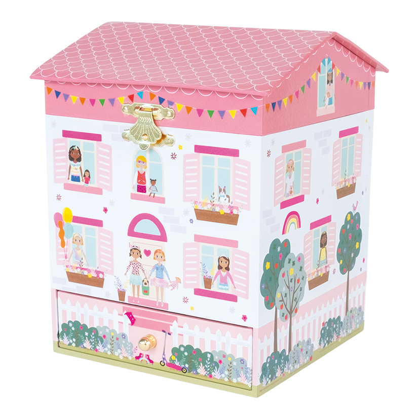 Children's toy chest with a pink roof and illustrated design on a white background