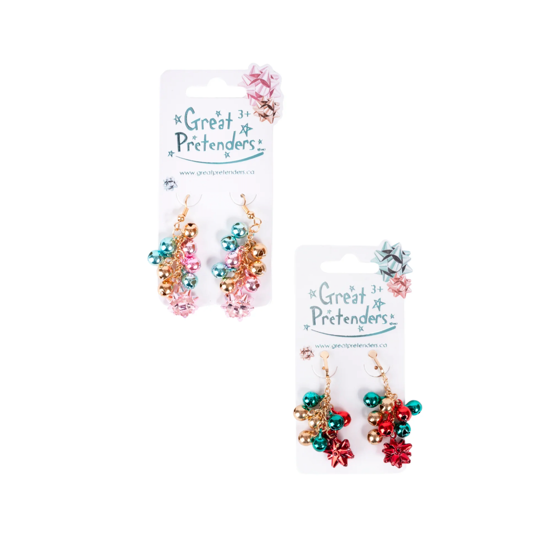2 pairs of christmas earrings, one pair are gold, teal and pink and one pair are gold, red, and green. Both sets of earrings a jingle bells and a bow on the bottom