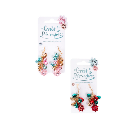 2 pairs of christmas earrings, one pair are gold, teal and pink and one pair are gold, red, and green. Both sets of earrings a jingle bells and a bow on the bottom