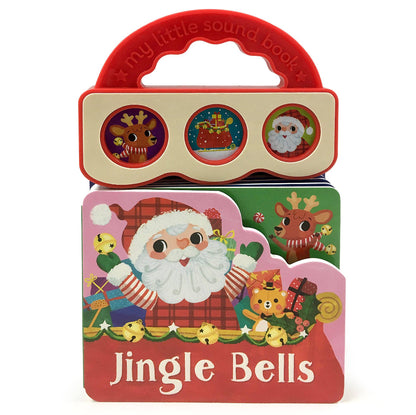 a christmas book with santa claus on the cover inside his sleigh full of toys, and a reindeer off to the side. The book has 3 musical buttons along the top and a red carry handle
