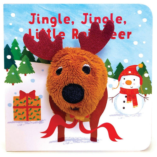 little board book with a reindeer finger puppet head