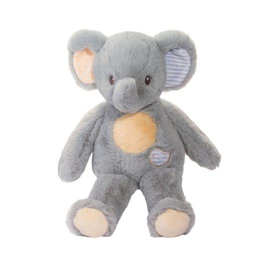 gray stuffed elephant toy with yellow and blue patchwork on his ears, feet, and stomach
