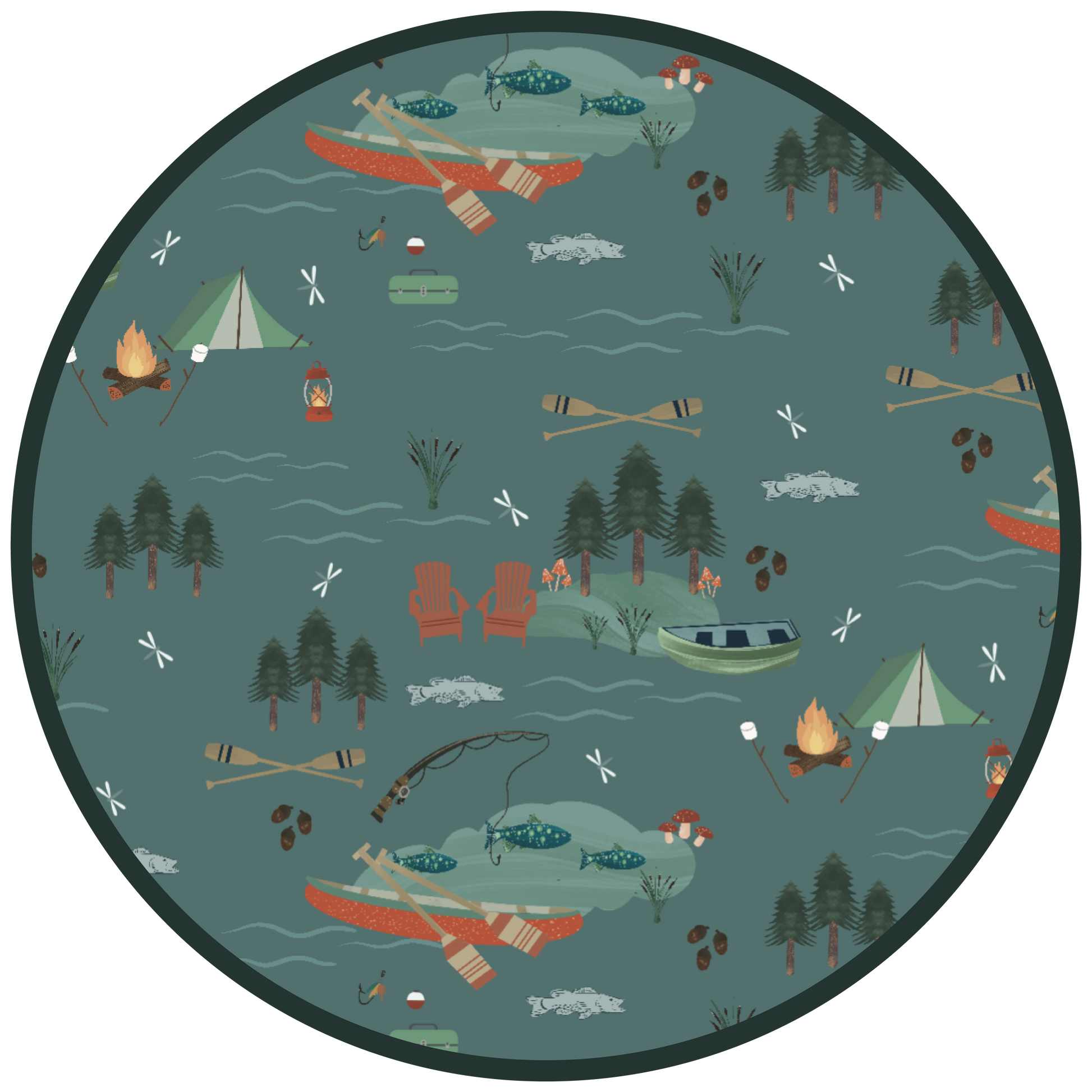 the "jump in the lake" pattern is a print to capture the day in the life on a lake. you can fine fishing poles, tents, camp fires, adirondack chairs, marsh mellows, ores, canoes, forest trees, and different types of fish and fishing gear.