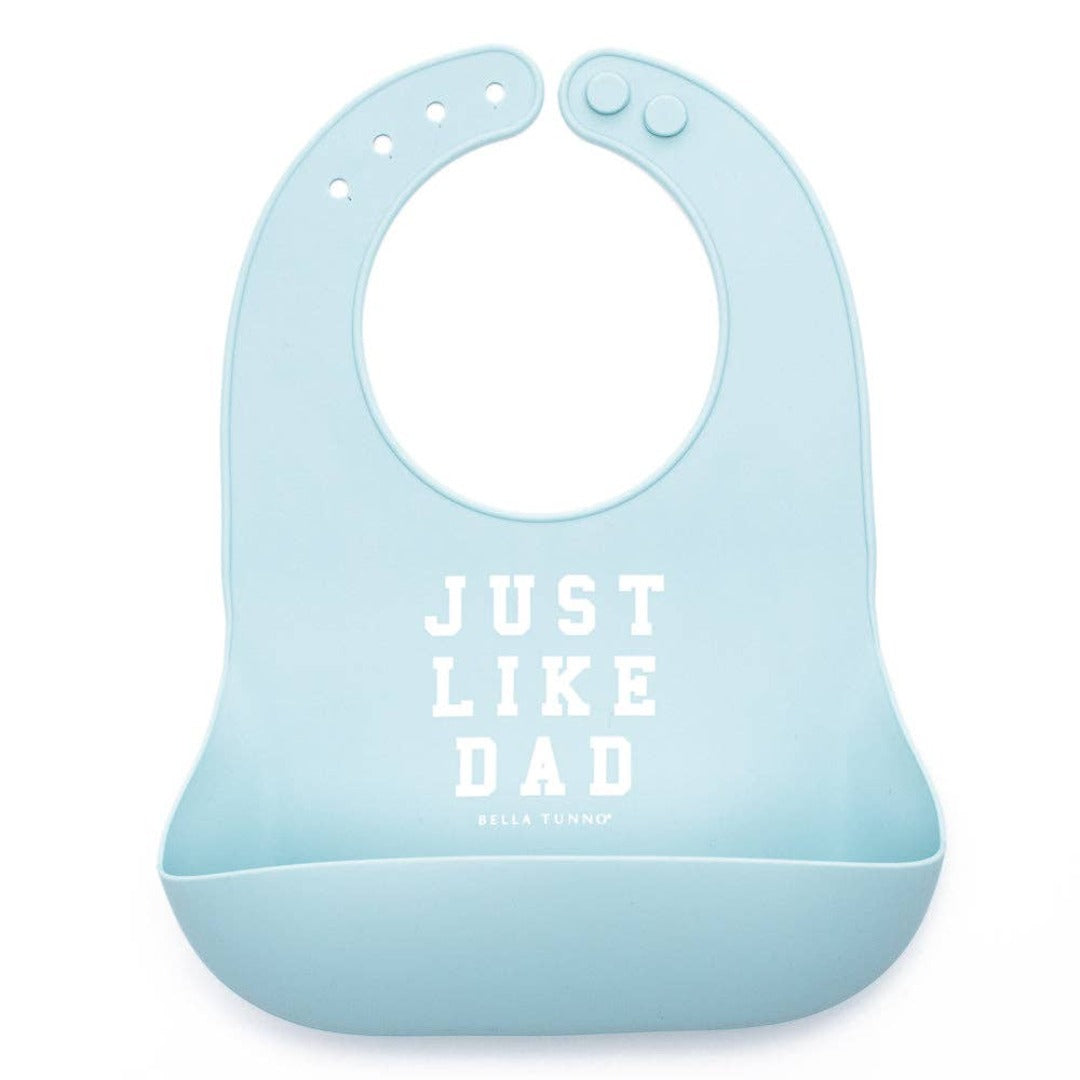 light blue silicone bib with just like dad written on the front in white