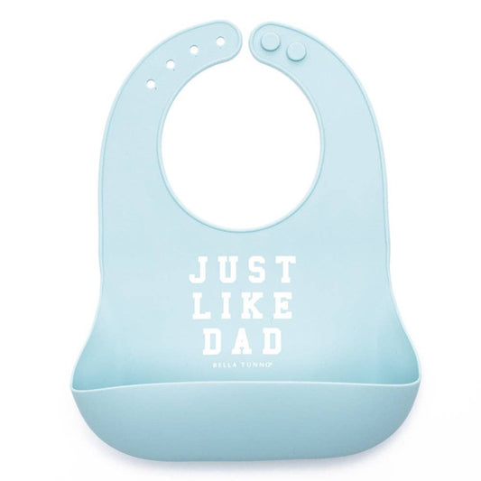 light blue silicone bib with just like dad written on the front in white