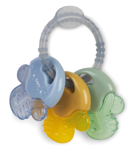 Colorful baby teether with three different shaped teethers on a white background