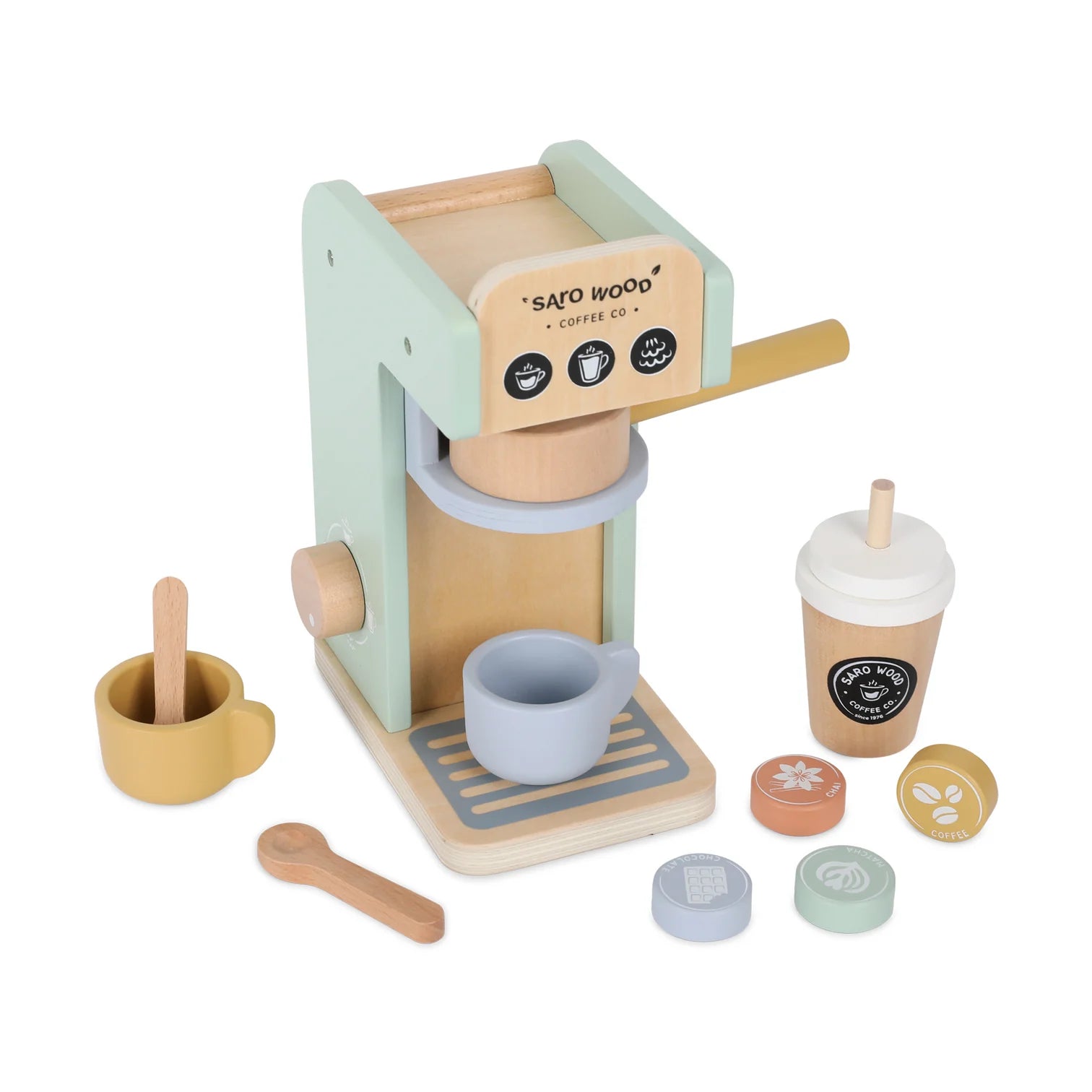 Wooden toy coffee maker set with accessories on a white background