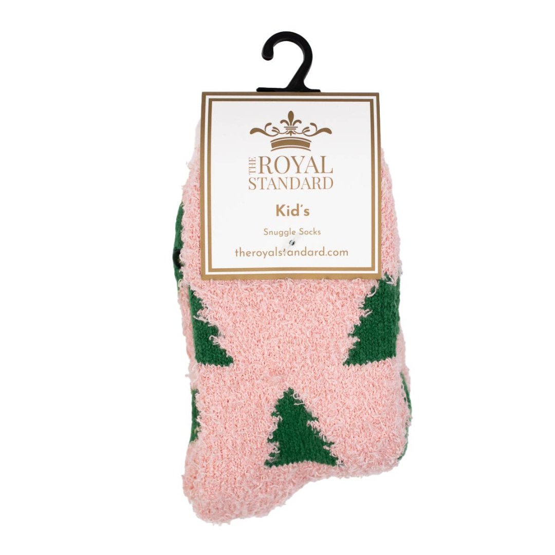 pink fuzzy socks with christmas trees on them