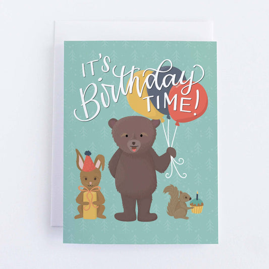 kids woodland themed birthday card that says its birthday time