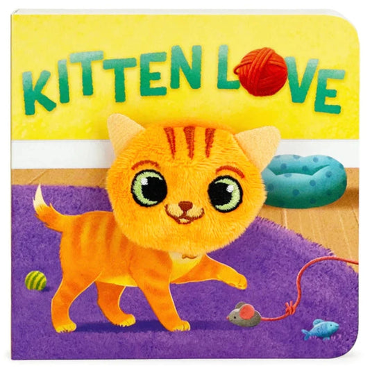 Orange cat finer puppet on a multi-colored board book with cat toys and a purple rug
