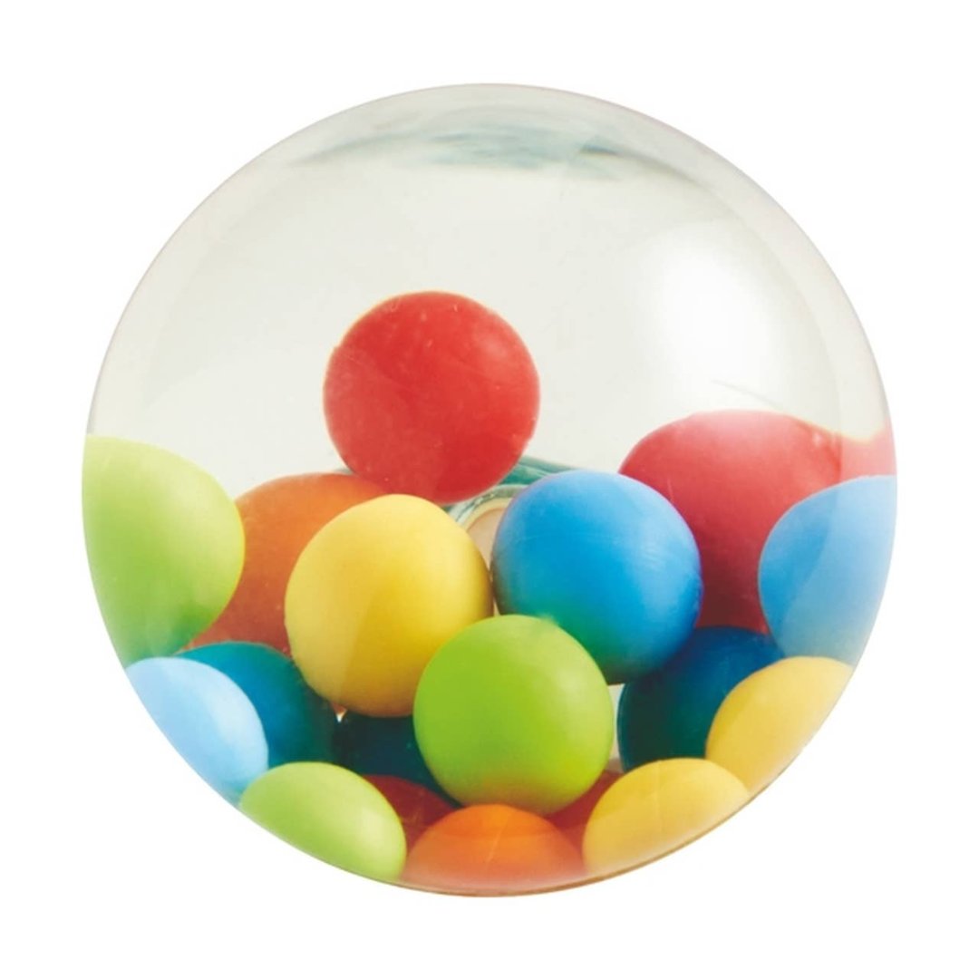 a clear bouncy ball filled with water and small multi colored balls inside