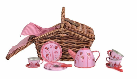 Ladybug Tin Tea Set In Wicker Basket