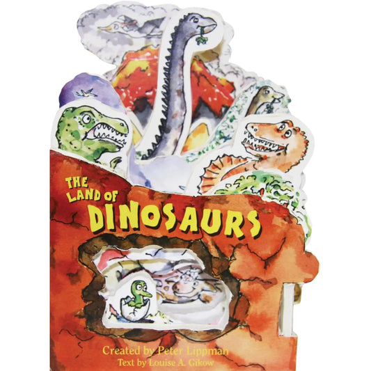 The land of dinosaurs board book shaped like a volcano and dinosaurs