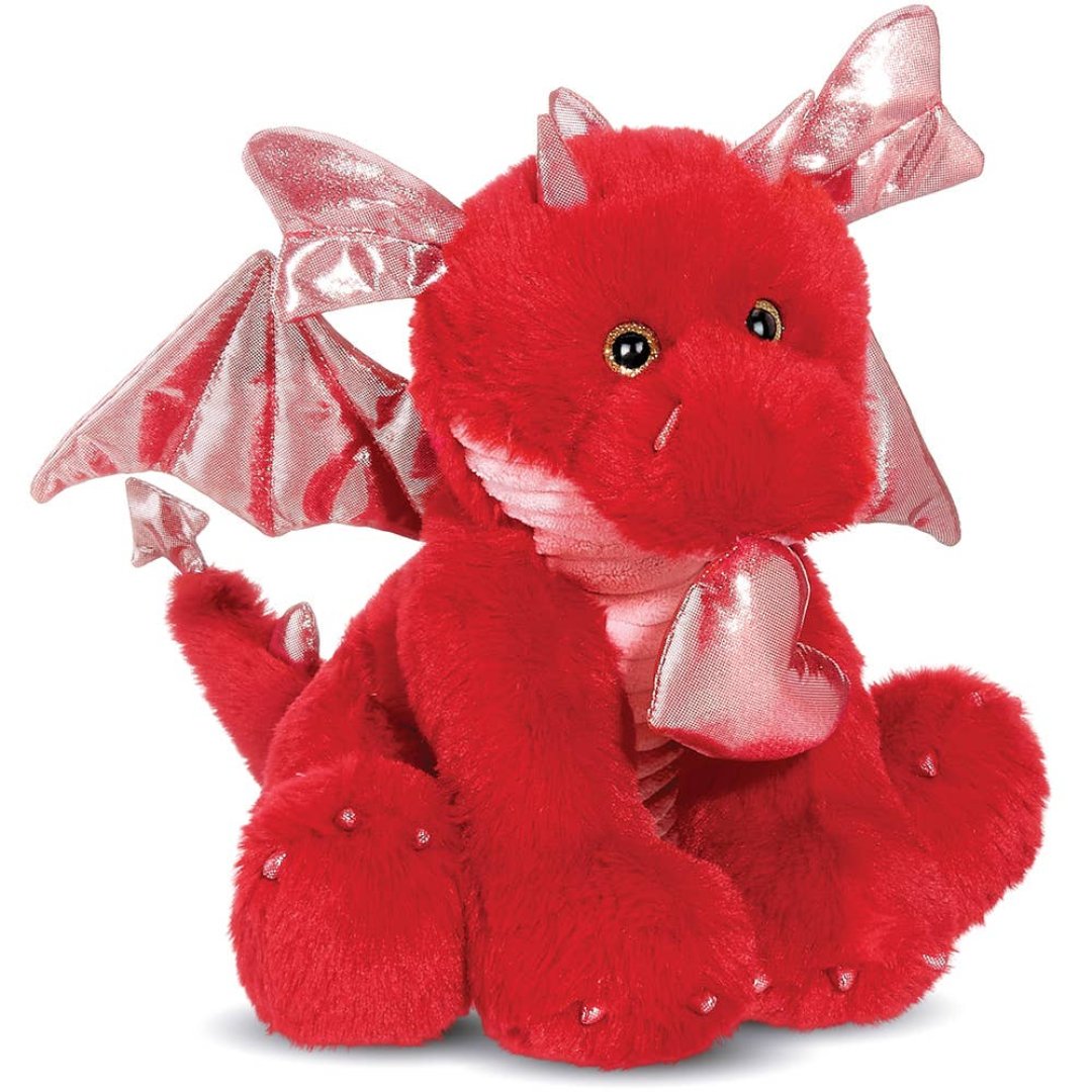 red dragon plush with pink wings and a heart 