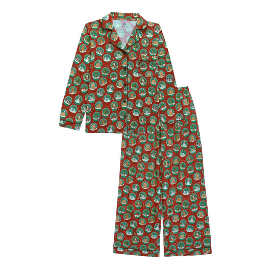 Let It Snow Women's Bamboo Pajama Set featuring a long sleeve button-down top and matching pants with a festive Christmas snow globe print.
