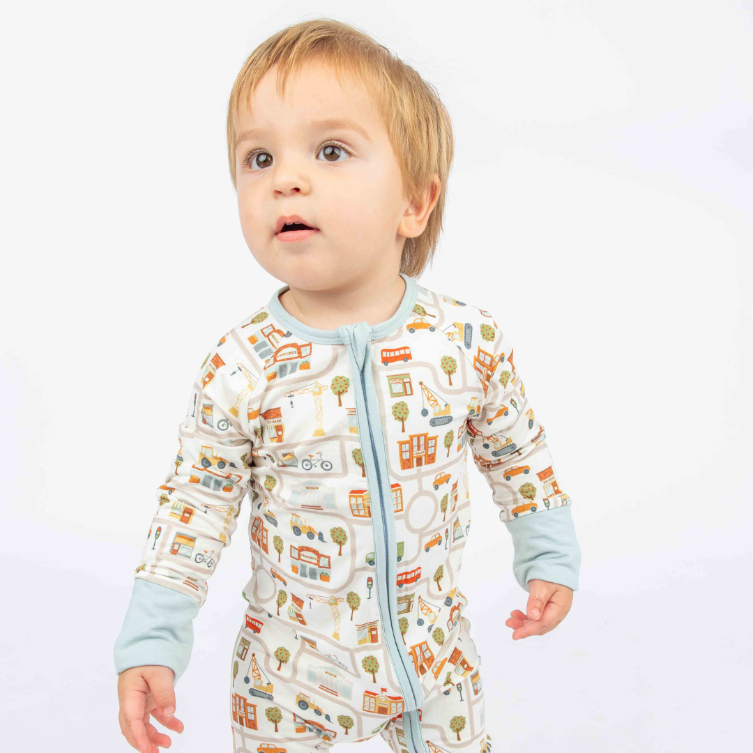 bamboo convertible pajama with cityscape print design.