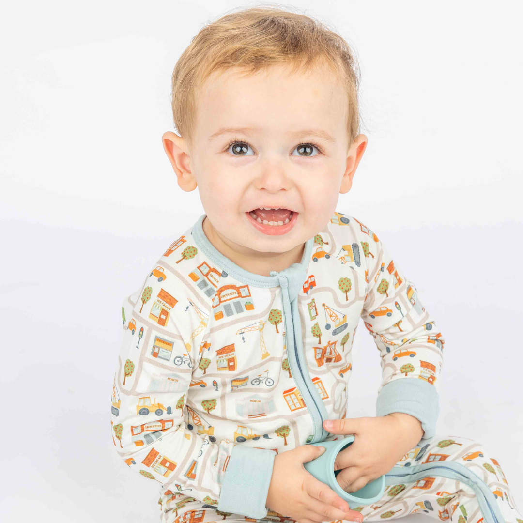 bamboo convertible pajama with cityscape print design.