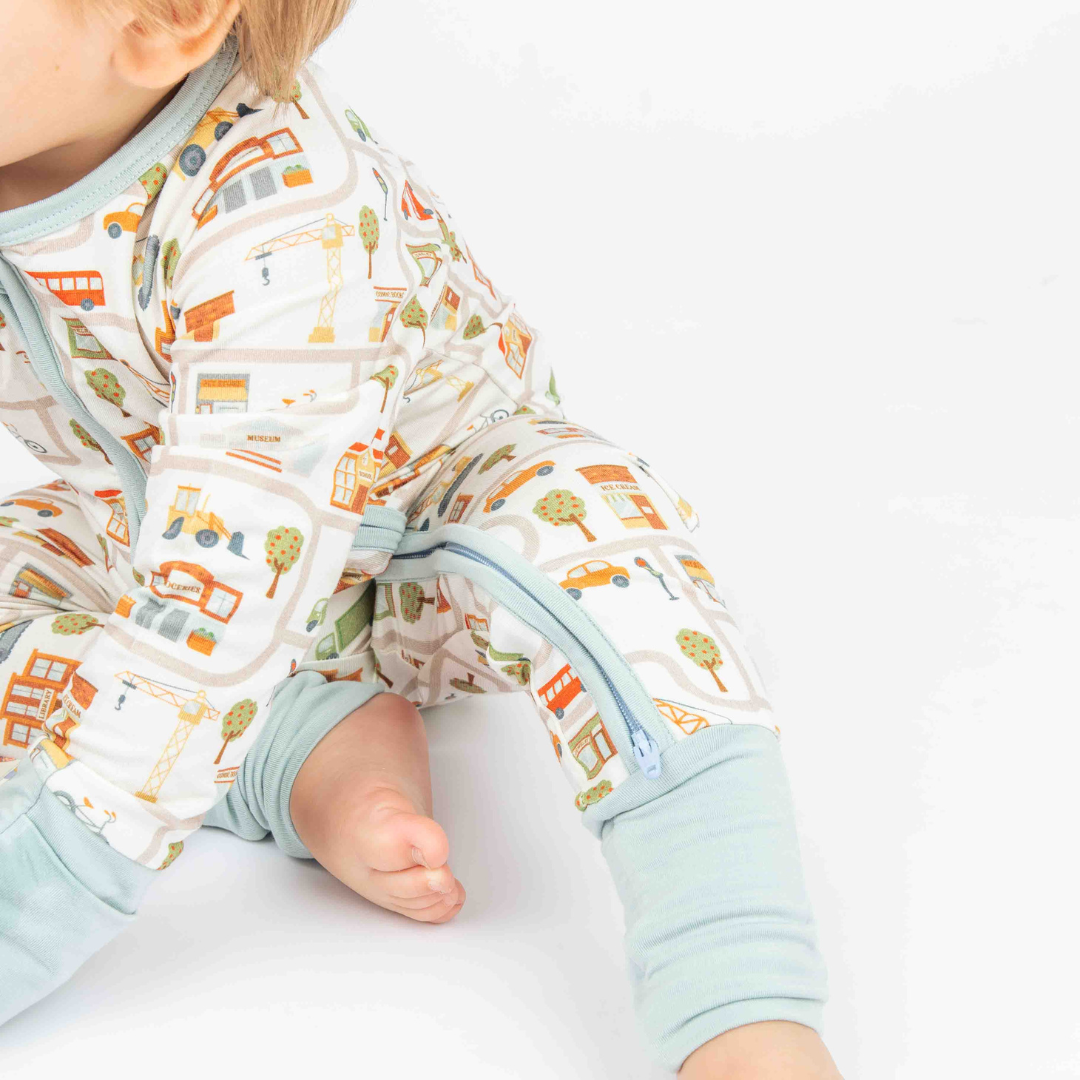 bamboo convertible pajama with cityscape print design.