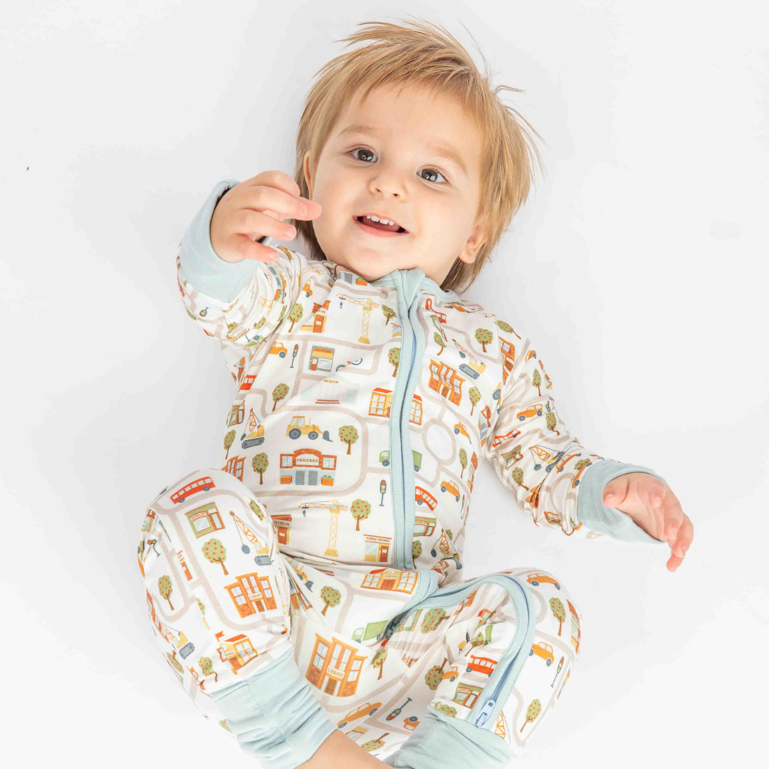 bamboo convertible pajama with cityscape print design.