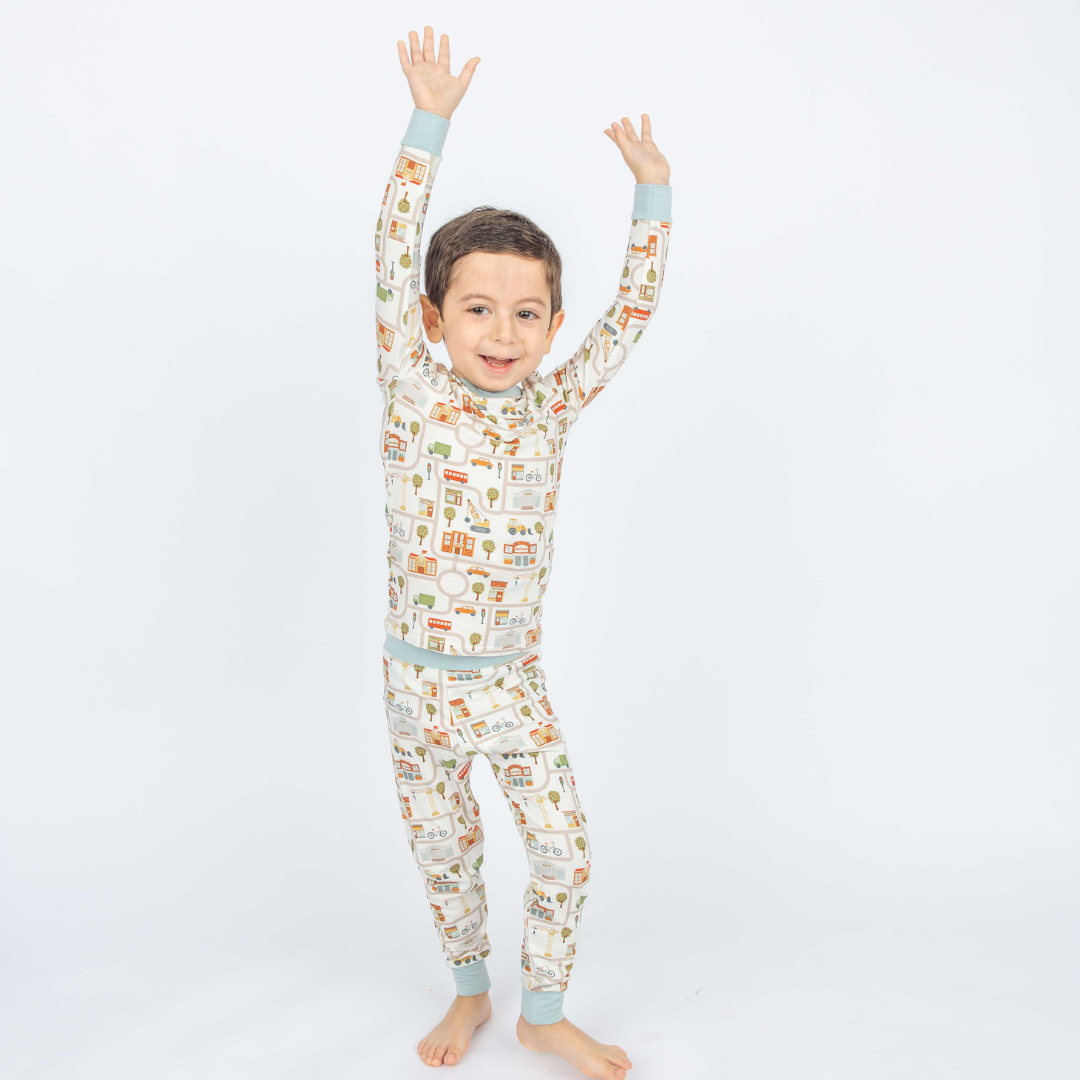 bamboo two piece pajama set with cityscape print design.