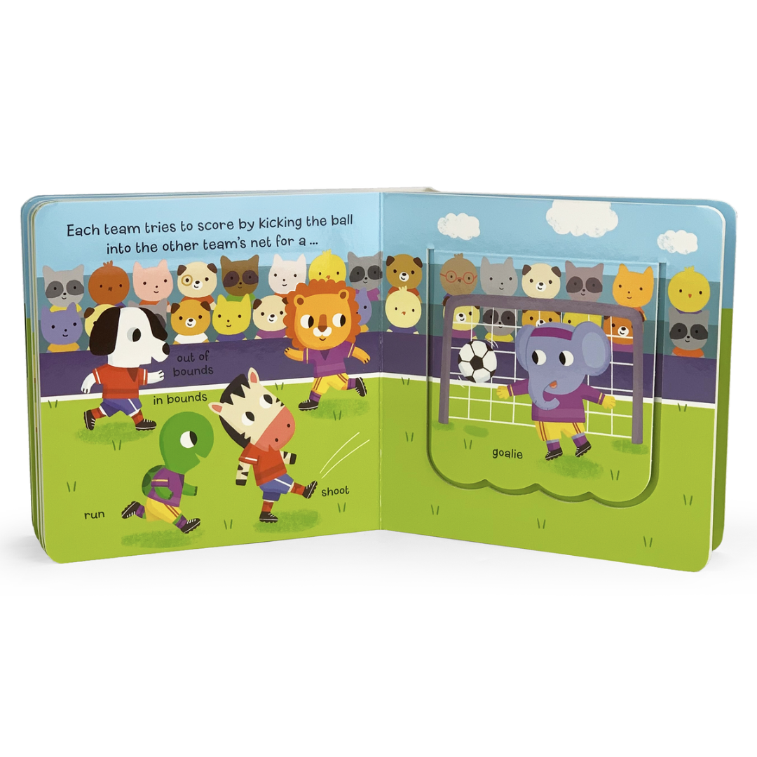 animals playing a soccer game, book explains how soccer works