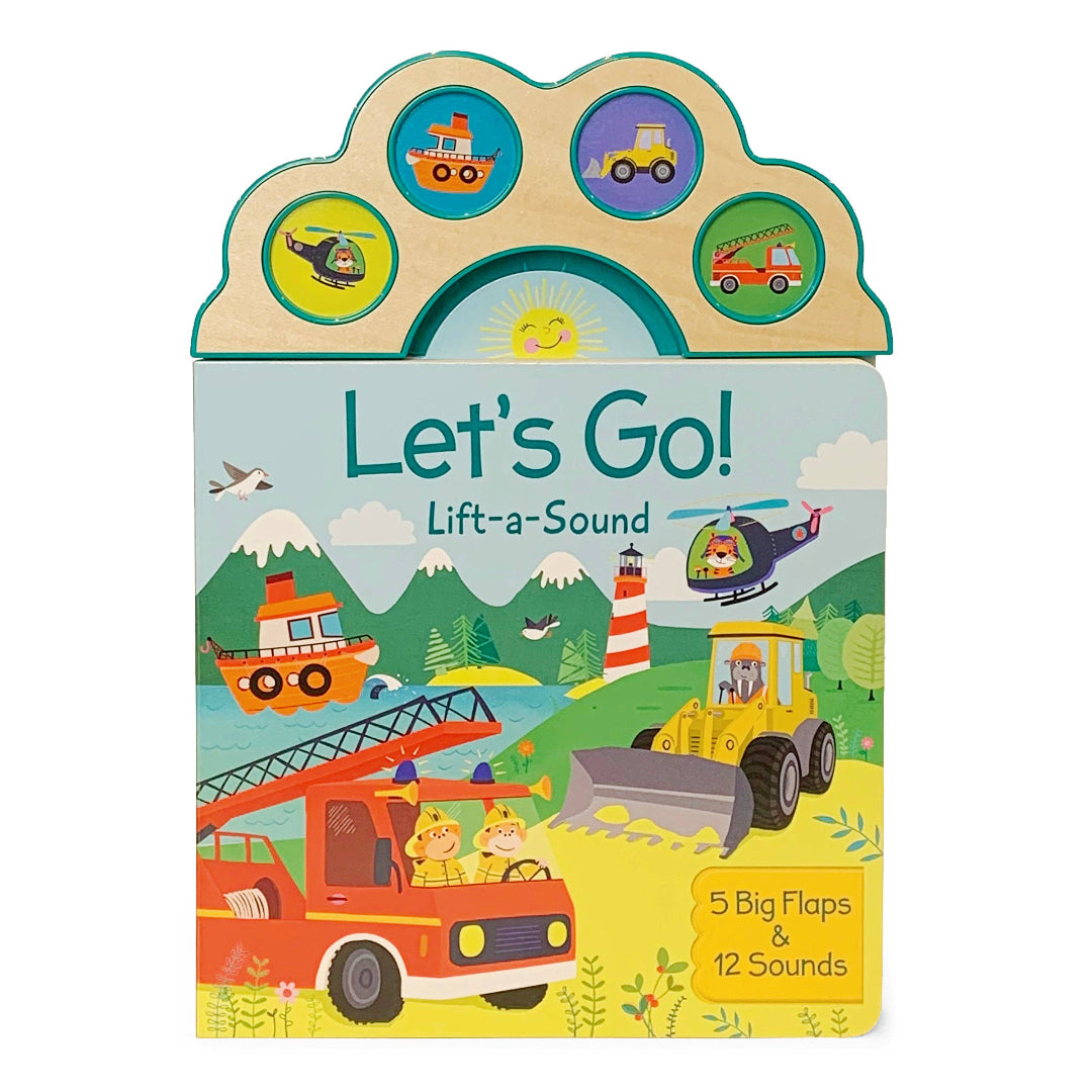 board book with a fire truck, helicopter, boat, and digger on the front, and at the top are buttons that make sounds for each vehicle