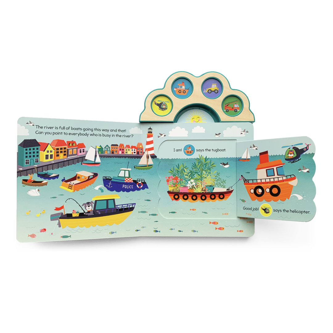 inside pages of board book with lots of boats floating in the water