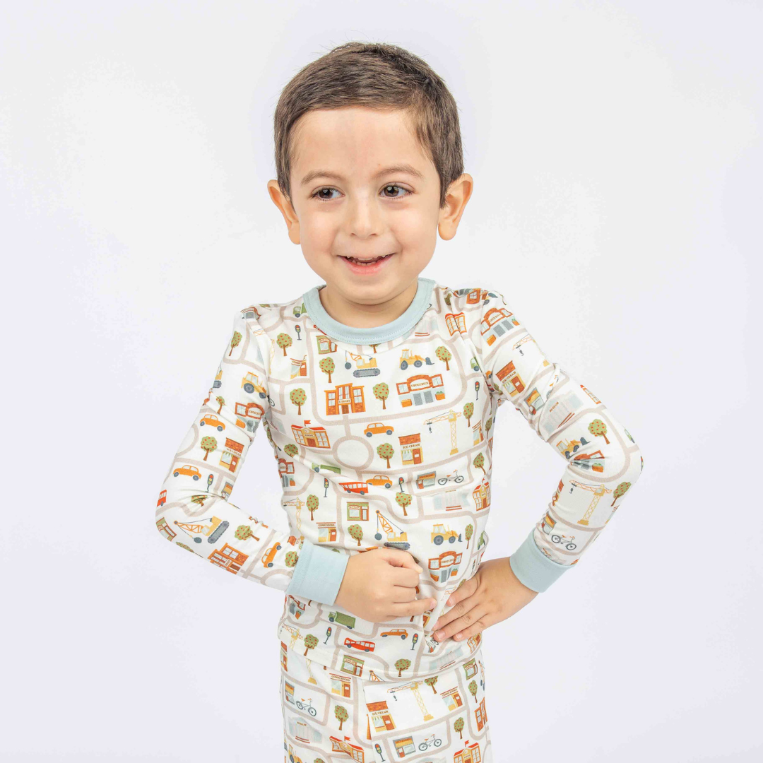 bamboo two piece pajama set with cityscape print design.