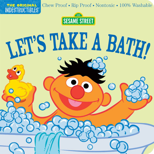 Ernie in a bubble bath with a rubber duck