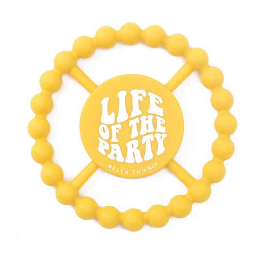 yellow baby teether ring that says life of the party on it