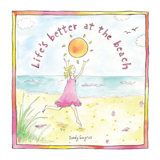 book cover with a girl playing on the beach