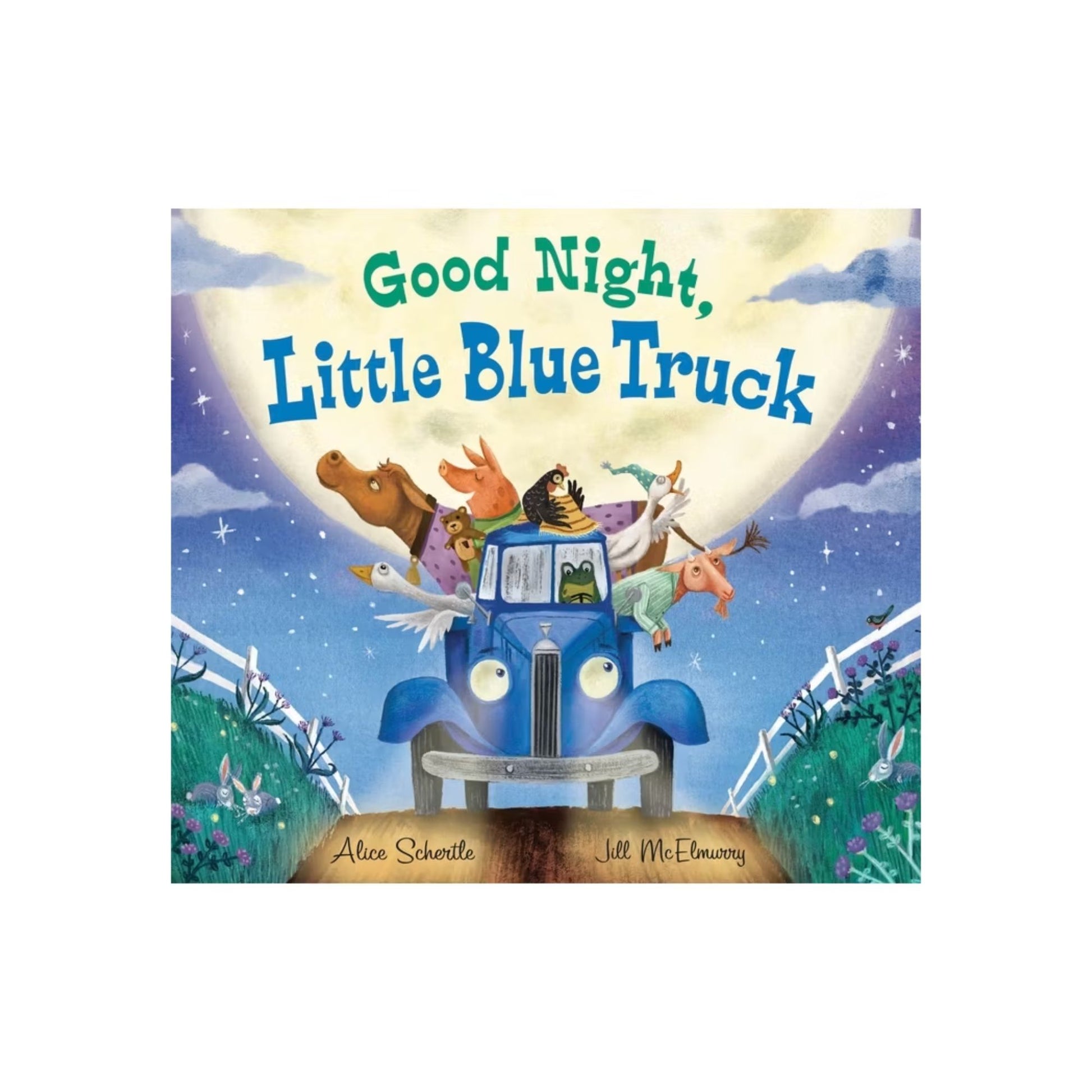 Book cover of 'Good Night, Little Blue Truck' with a blue truck and animals on a moonlit sky background.