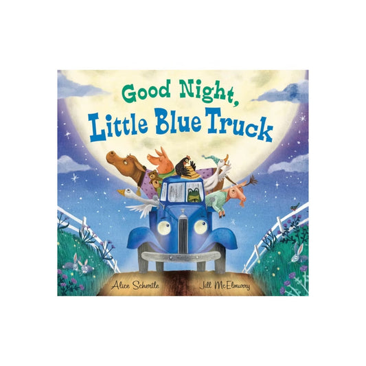 Book cover of 'Good Night, Little Blue Truck' with a blue truck and animals on a moonlit sky background.