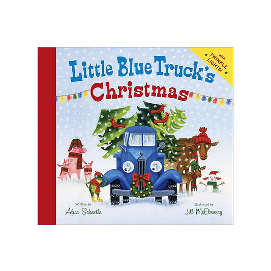 Book cover of 'Little Blue Truck's Christmas' with a blue truck, trees, and animals on a snowy background.