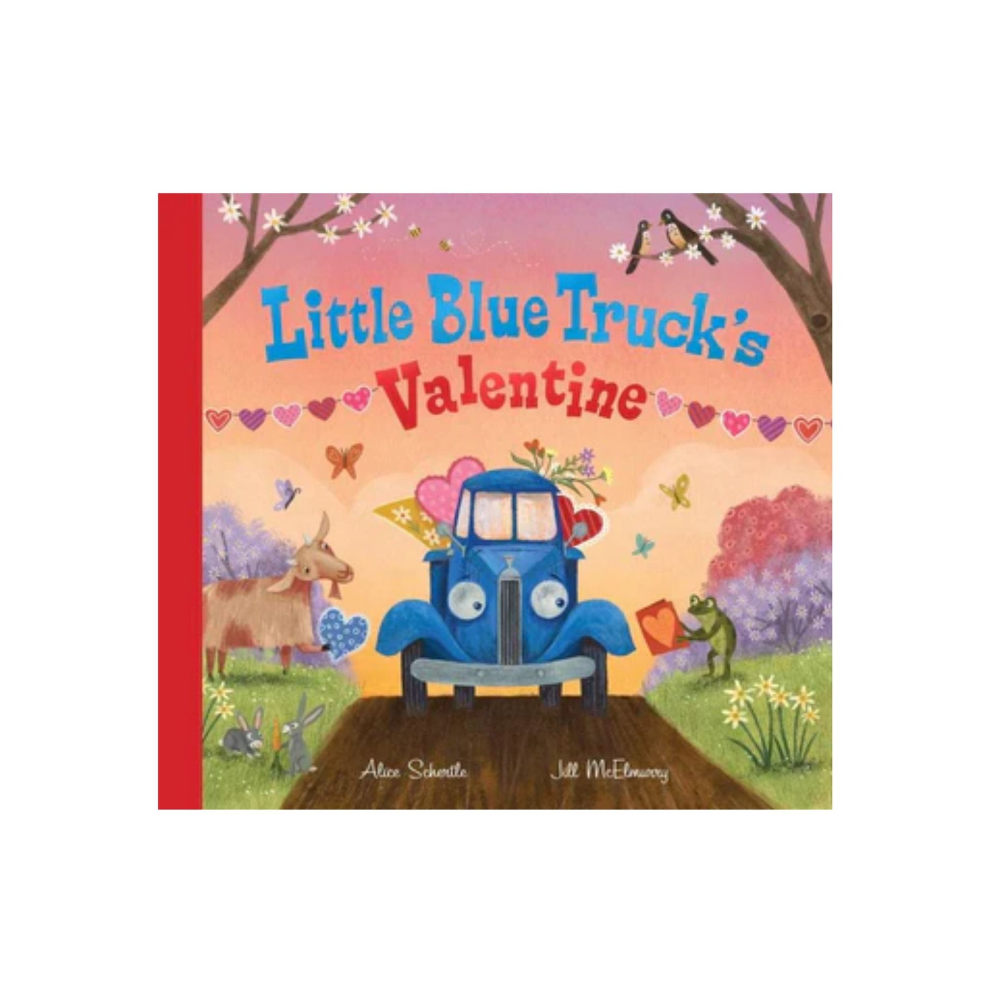 Book cover of 'Little Blue Truck's Valentine' with a blue truck, heart-shaped flowers, and animals on a colorful background.