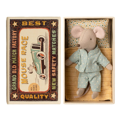 Stuffed mouse toy in a matchbox with vintage-style packaging