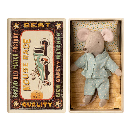 Stuffed mouse toy in a matchbox with vintage-style packaging