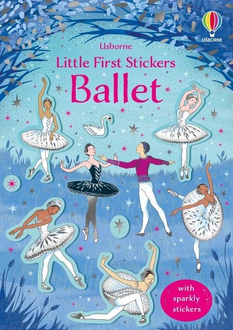 Book cover of 'Little First Stickers Ballet' with ballet dancers and swans on a blue background.
