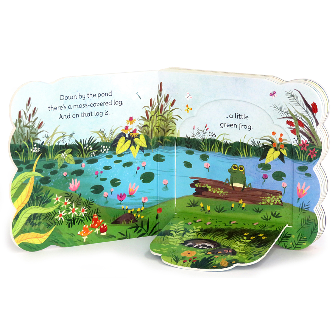 Multi-colored board book with a green frog in a pond scene