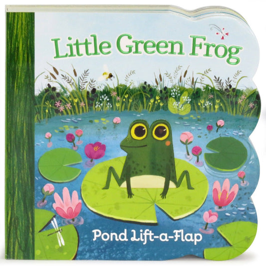 Multi-colored board book with a green frog in a pond scene