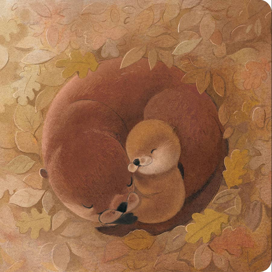 Illustration of two otters in a cozy den surrounded by leaves with text.