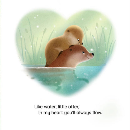 Illustrated book page with two otters by a pond and a heart-shaped inset with more otters.